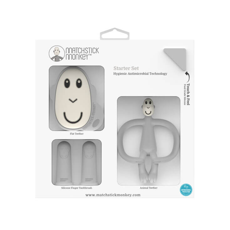 Matchstick Monkey Starter Set näpuhambahari + hallid ahvikese närimislelud