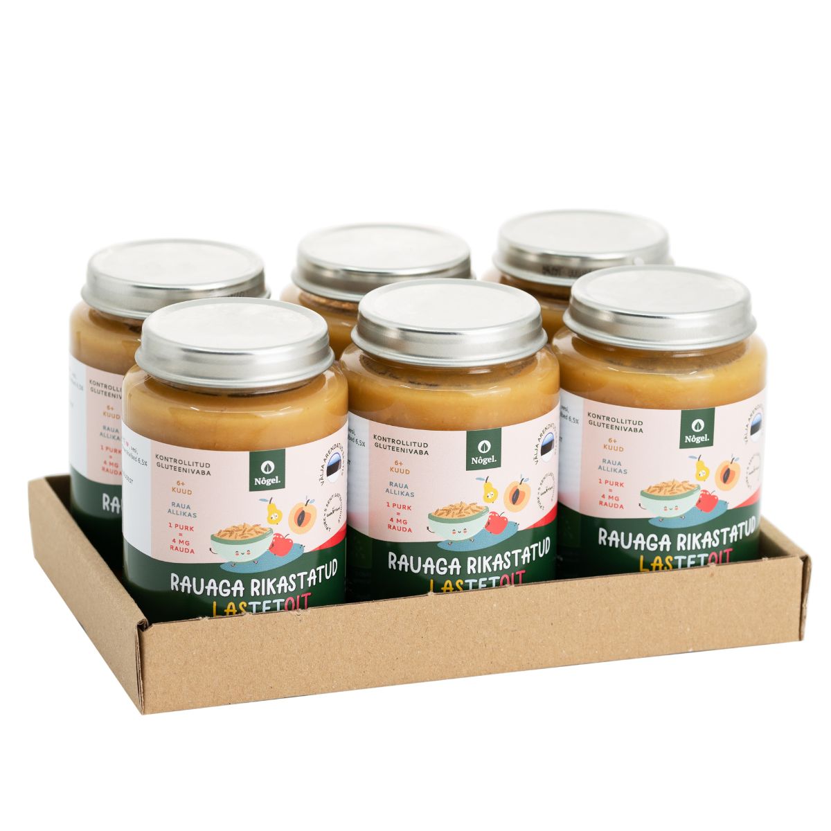 Nõgel 6 PAKK: mahe raudne kaerapuder aprikoosi, pirni ja õunaga, 190 g x 6