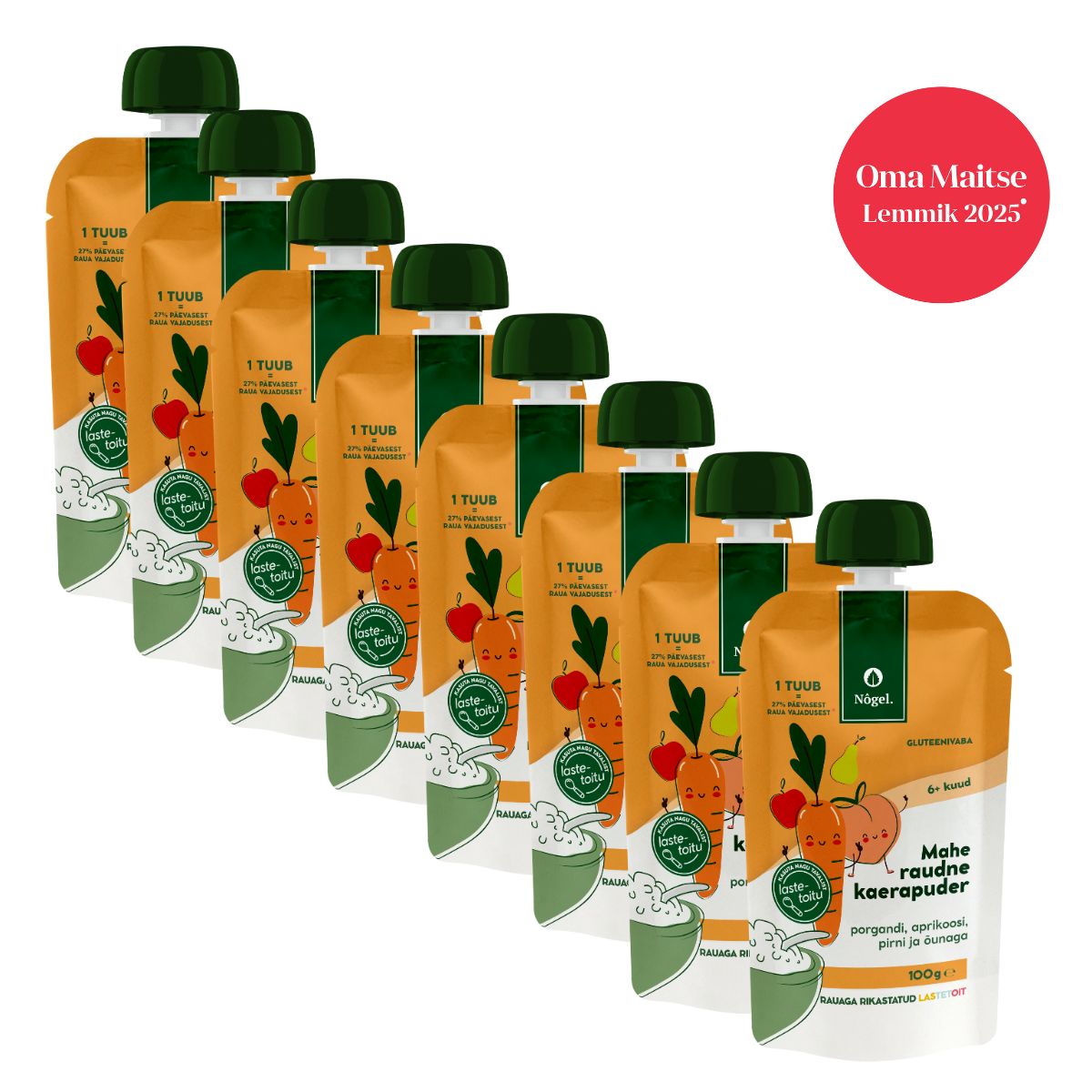 Nõgel 8 PAKK: mahe raudne kaerapuder porgandi, aprikoosi, pirni ja õunaga, 100 g x 8